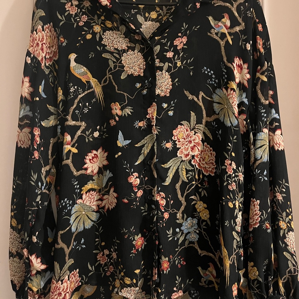 H&M Black Floral Blouse with Bird Design
